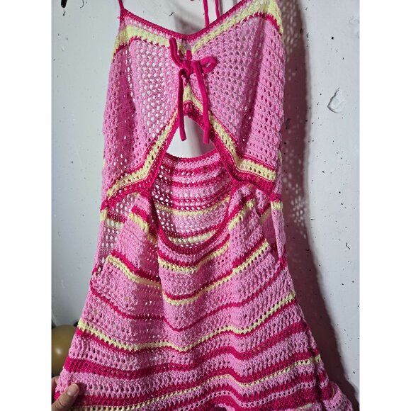 Shein Pink Crochet Halter Mini Dress Size Large Cut Out Festival Summer Hippie - Picture 3 of 9